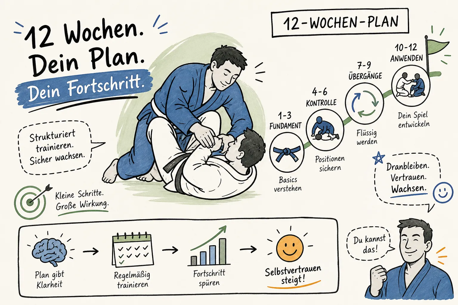 Illustration: 12-Wochen-BJJ-Plan für Anfänger mit den Phasen Fundament, Kontrolle, Übergänge und Anwenden – strukturiert trainieren, Fortschritt spüren