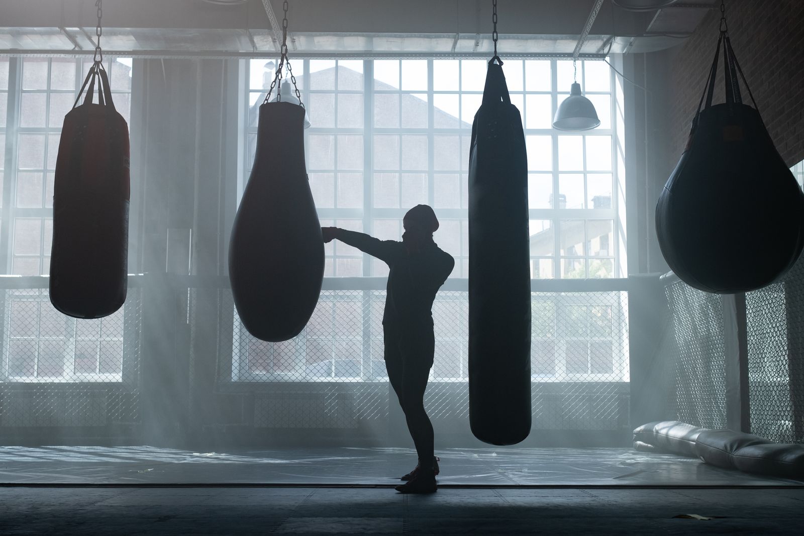 Silhouette eines Boxers zwischen Sandsäcken in einer großen Kampfsporthalle mit Tageslicht