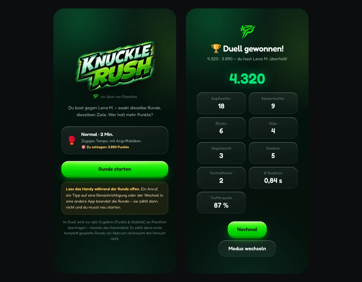 Knuckle Rush Duell-Modus: links die Herausforderung mit identischer Runde und Zielpunktzahl, rechts der Ergebnis-Screen mit Trefferquote und durchschnittlicher Reaktionszeit