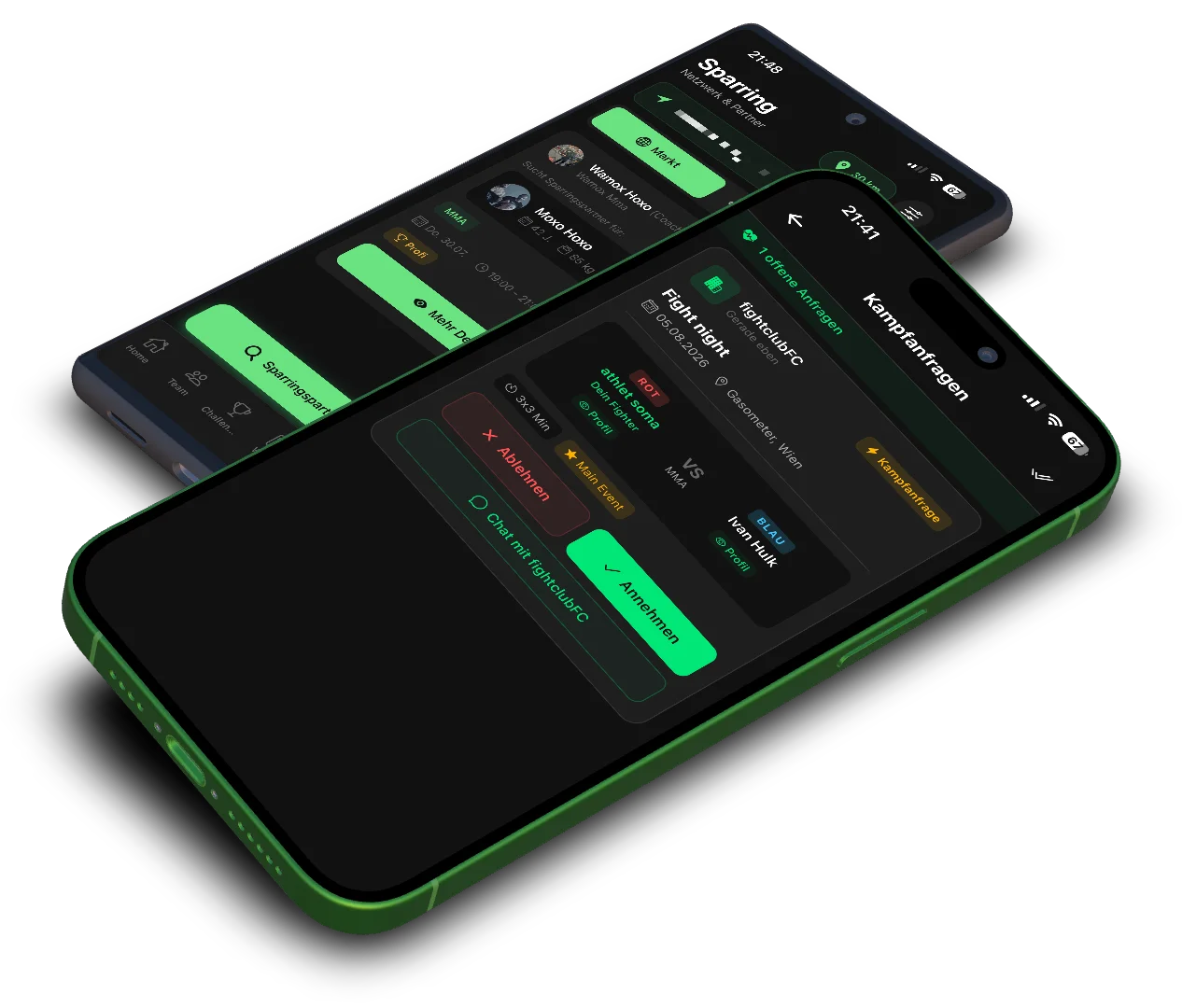 Planthlet App auf zwei iPhones — Sparring-Netzwerk und Kampfanfragen
