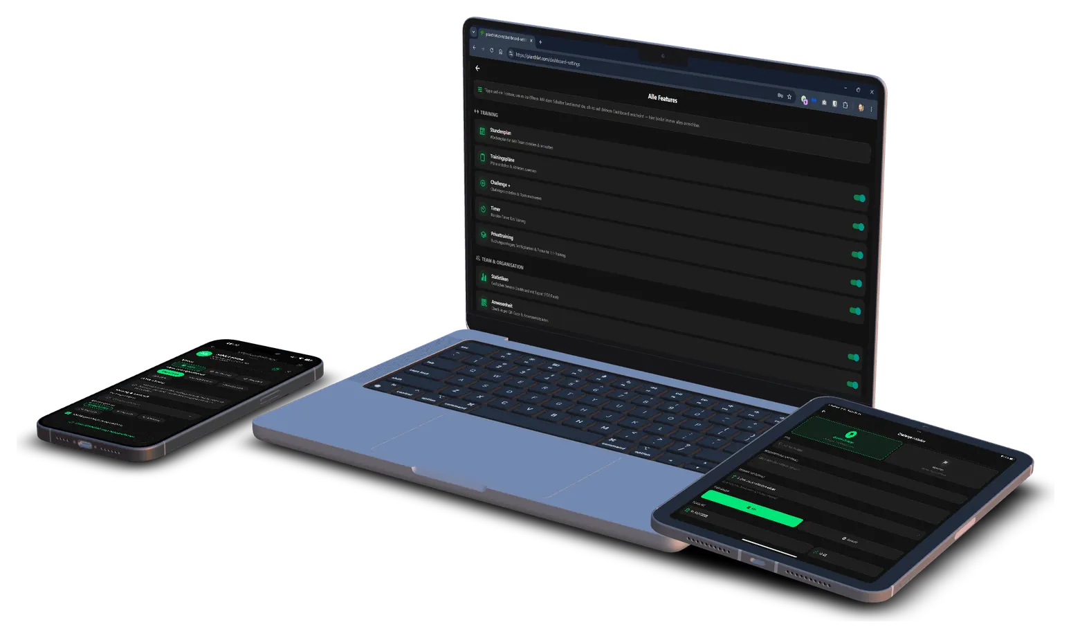 Planthlet auf Laptop, Tablet und Smartphone: Coach-Dashboard und Trainingsansichten