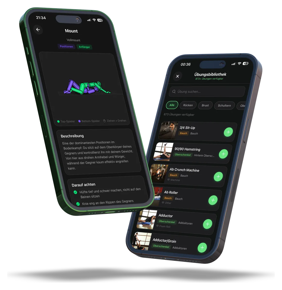 Planthlet App auf zwei Smartphones: 3D-Technikansicht der Mount-Position und Übungsbibliothek